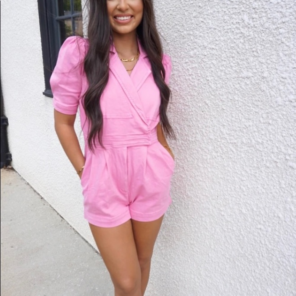 Pink denim romper with puff sleeves